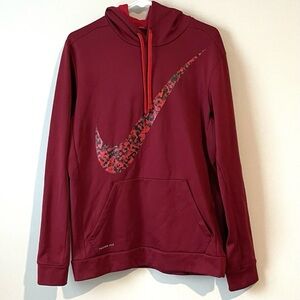 Nike Mens Sz Medium Pullover Hoodie Swoosh Therma-Fit Jacket Burgundy Black Red